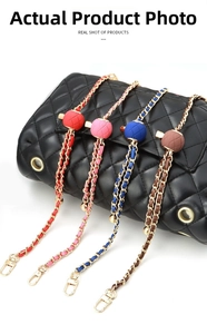 Detail of adjustable metal gold ball sliders on colorful leather woven bag chains