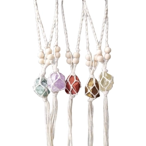 Set of five handmade woven net pendants with natural stones and bohemian cotton cord
