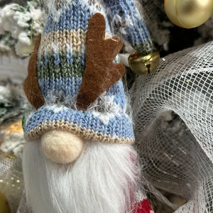 Christmas gnome plush with blue antlers and bell, festive wool holiday decoration