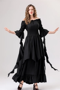 Detail of off-shoulder neckline and flared bell sleeves on a black Renaissance dress