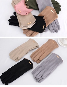 Detailansicht bunter Wildlederhandschuhe für Damen mit goldenem Emblem