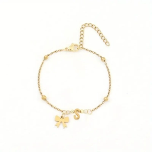 Gold stainless steel butterfly and letter S charm bracelet with adjustable chain