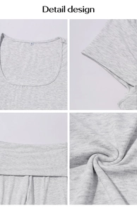 Detail view of light grey Y2K ribbed knit top with U-neck and professional stitching finish