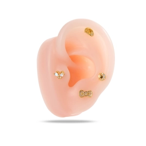Golden moon and butterfly stud earrings with zircon inlay on a model ear