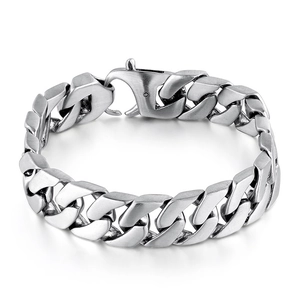 Polished silver stainless steel Cuban link bracelet for men with secure clasp on white background