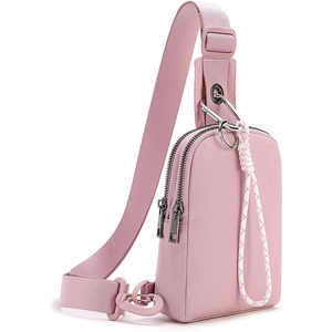 Pink nylon crossbody chest bag with adjustable strap and dual zipper pockets
