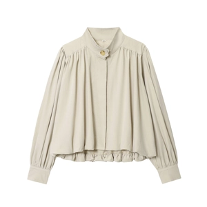 Damen Langarm Plissierte Jacke Elegant Geraffte Stehkragen Lässige Gewebte Oberbekleidung Apricot