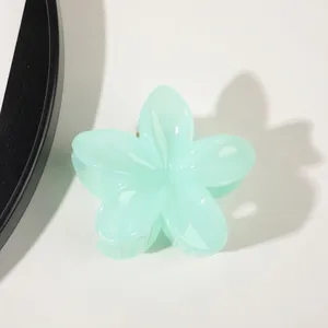 Macro detail of mint green translucent resin flower hair claw clip with internal spring