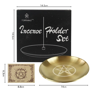 Golden 14cm triple moon pentagram incense holder set with black gift box and card