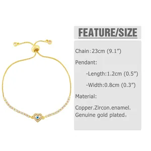 Detailed size chart showing a 23cm gold-plated heart bracelet with Evil Eye enamel charm
