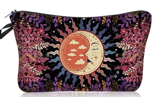 Detail of sunflower and moon makeup bag with floral patterns and sturdy metal zipper