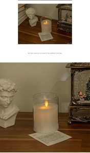 Detail shot of a warm LED flickering candle lamp with a glass cover and faux wax finish