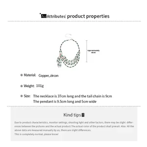 Detailed size specifications for emerald green zircon fringe necklace in copper