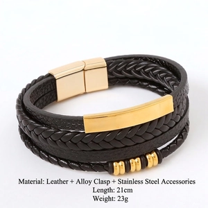Men's multilayer braided black leather bracelet with gold magnetic clasp, length 21cm