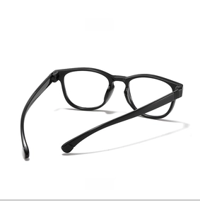 Detailed side and back view of black round frame kids blue light blocking glasses