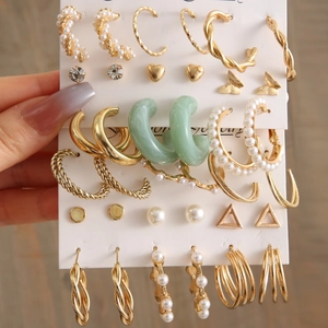 Fashion Faux Artificial Pearl Hoop And Stud Earrings With Earring Post Geometric Butterfly Heart Alloy Resin Jewelry For Women