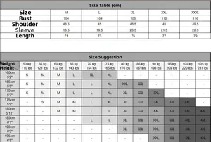 Size chart for men's cotton t-shirt showing measurements and height-weight recommendations
