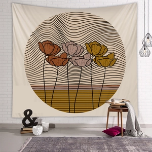 Morandi minimalist bohemian tapestry with abstract floral design hanging on white brick wall
