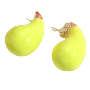 Neon yellow drip oil comma teardrop earrings with gold plating on a white background