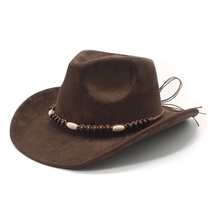 Dunkelbrauner Cowboyhut im Ethno-Stil mit Wildlederoptik und verzierter Perlenkette