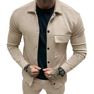 Men's beige ribbed texture jacket with dark buttons and matching trousers set