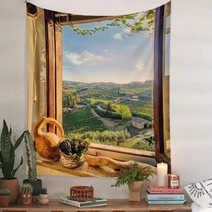 Detailed view of bohemian wall tapestry featuring a realistic vineyard window landscape