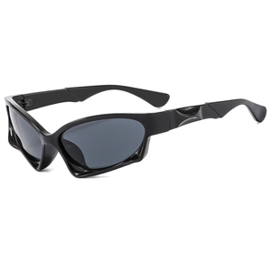 Y2K sporty wrap sunglasses in black with dark grey lenses and 3D textured temples