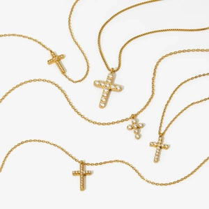 Golden stainless steel cross pendant necklaces with sparkling zircons for men and women