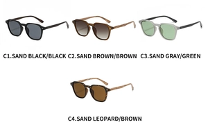 Détail de lunettes de soleil carrées rétro style bois en quatre finitions mates assorties