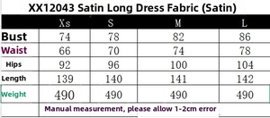 Size guide for a hollow embroidery satin midi dress showing bust, waist, and length in cm