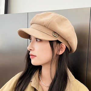 Vintage khaki octagonal baker boy hat for women with elegant metal buckle detail