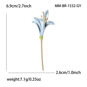 Elegant light blue enamel tulip flower brooch with golden stem and detailed measurements
