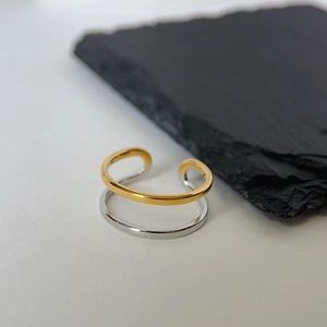 Macro detail of dual-layer gold and silver tone adjustable titanium steel ring on slate