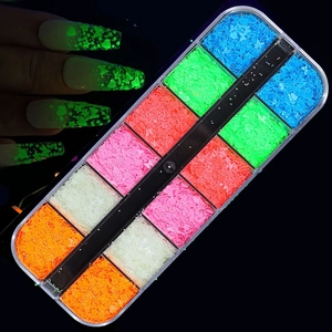 Luminous heart and butterfly nail art sequins in a 12-grid box with neon glow effect