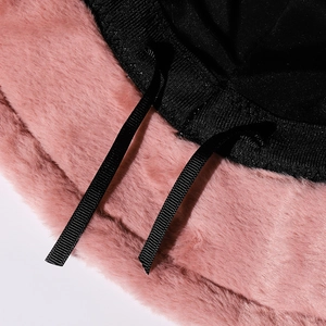 Pink faux rabbit fur bucket hat with warm plush texture and adjustable inner strap