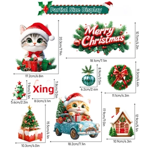 Detailed size reference for Christmas cat and house glass stickers with specific dimensions