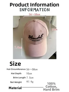 Guide des tailles montrant 56-58cm de tour et 100% coton pour la casquette rose