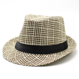 Classic summer fedora hat with brown and white weave and black decorative band