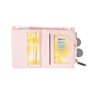 Pink PU leather bi-fold wallet for women featuring a secure zipper pocket and card slots