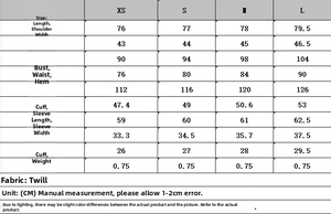 Size chart detail for women's slim fit blazer set showing dimensions from XS to L