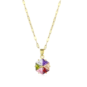18K gold flower necklace with colorful zircon hexagon pendant on a delicate chain