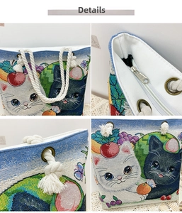 Detail view of woven tote bag with cat patterns, rope handles and zipper closure
