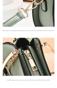 Detail of light green PU leather bag featuring polished gold-plated hardware and smooth zipper
