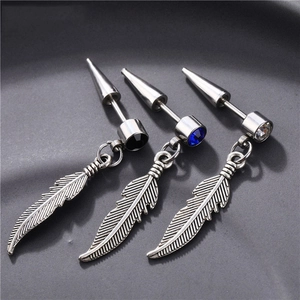 Three-color wing tassel stud earrings with black, blue, and clear crystals in titanium steel
