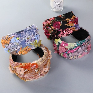 Fashion Wide Headband With Colorful Sequins Lace Flowers Artificial Pearls And Rhinestones Bohemian Style Hair Accessory For Women