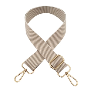 Adjustable beige striped fabric bag strap with premium gold metal buckles on white background