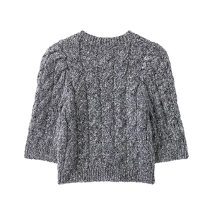 Women's knit puff sleeve cardigan sweater in heather grey with cable knit pattern