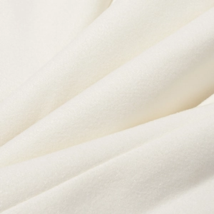 Detailed macro view of soft white wool blend fabric texture on fashionable trench coat