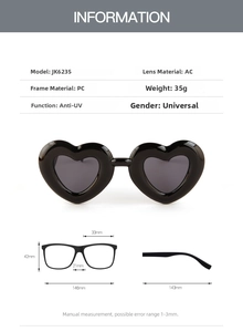 Detailed size chart for heart-shaped sunglasses with frame dimensions and UV protection