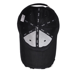 Inside view of black vintage embroidered cotton baseball cap with distressed details